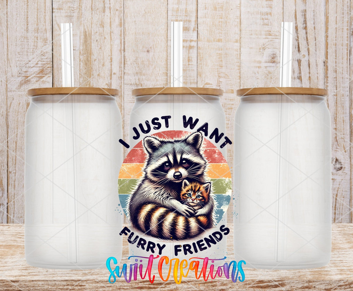 I Just Want Furry Friends UV DTF transfer on frosted glass cans with bamboo lids
