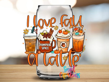Close-up of the I Love Fall a Latte UV DTF wrap on a clear glass can