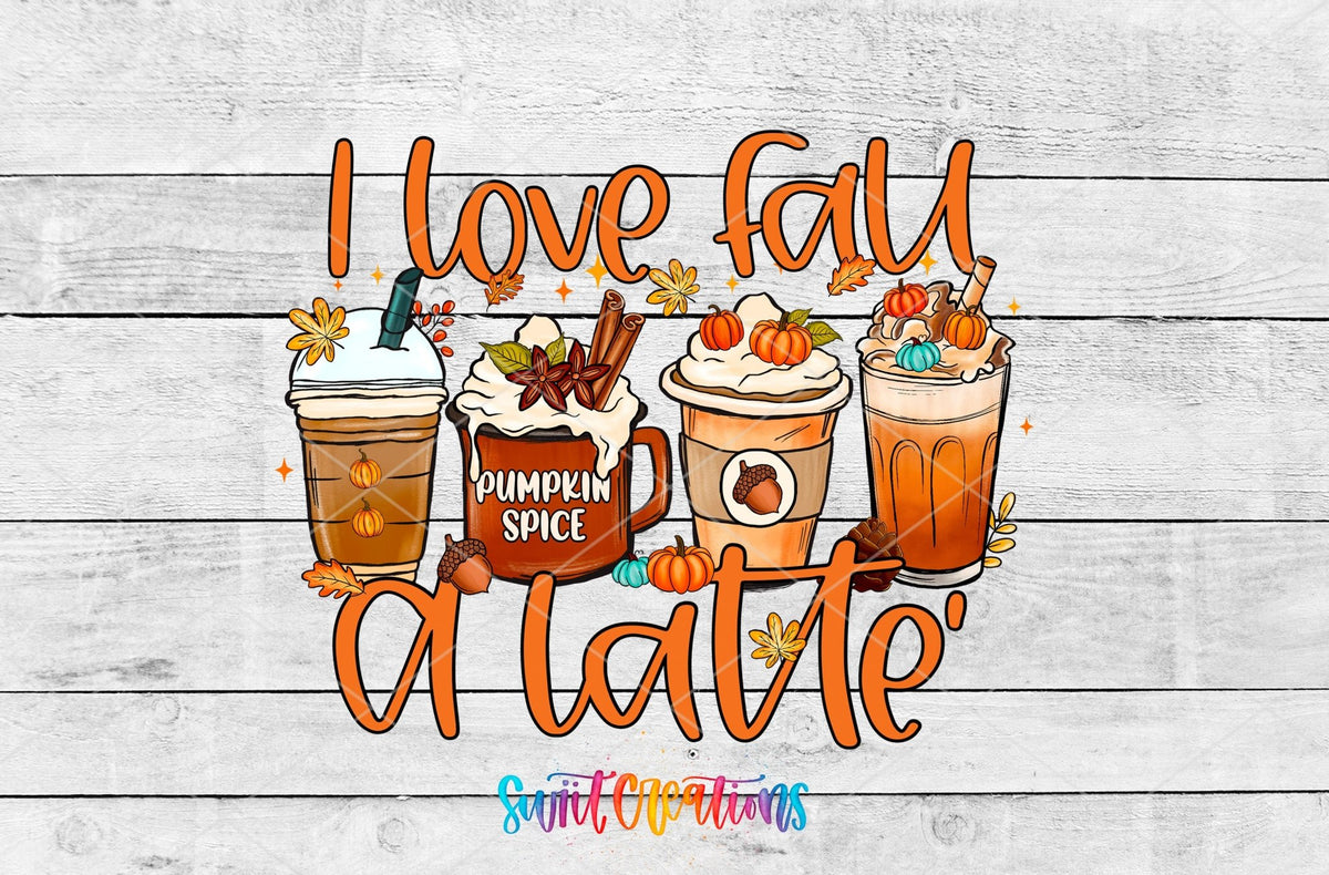 I Love Fall a Latte UV DTF wrap artwork on a white wood background