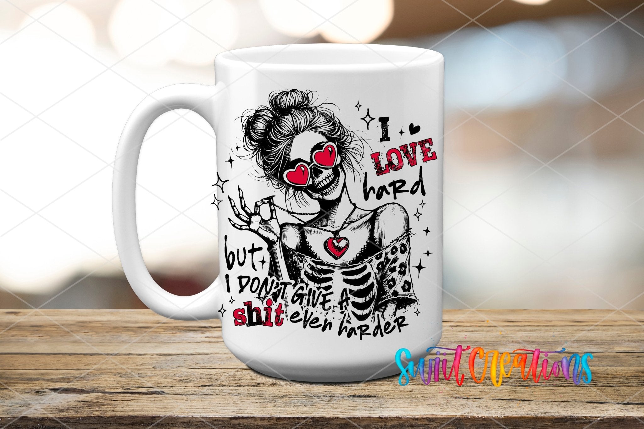 I Love Hard UV DTF transfer displayed on a white ceramic mug from Swiit Creations