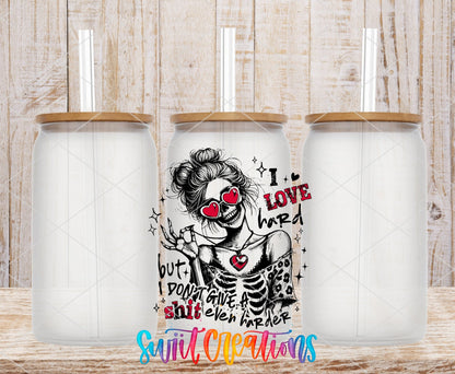 I Love Hard skeleton in heart sunglasses UV DTF transfer on frosted glass cans with bamboo lids
