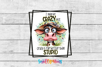 Crazy Is Far Better Than Stupid UV DTF transfer artwork on a white wood background