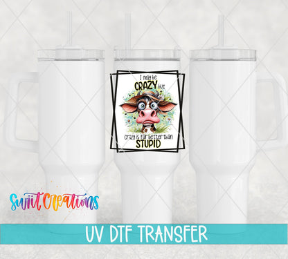 Crazy Is Far Better Than Stupid UV DTF transfer on white 40 oz tumblers