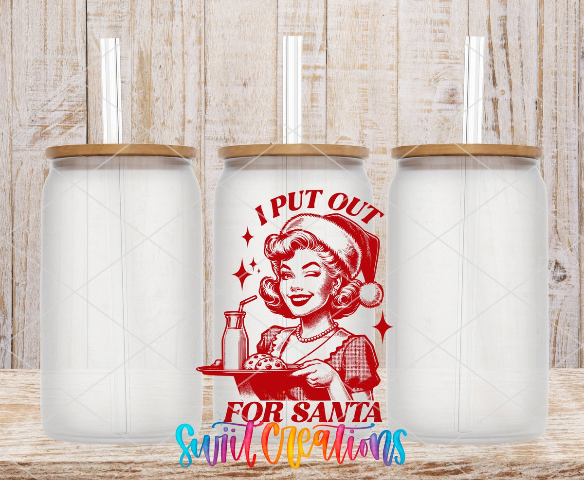 I Put Out for Santa UV DTF transfer on frosted glass cans with bamboo lids