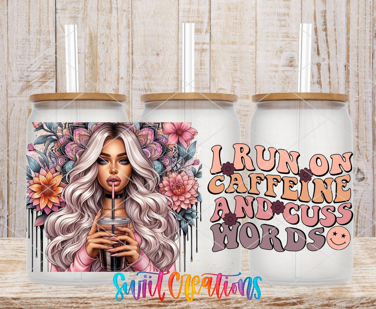 I Run on Caffeine and Cuss Words UV DTF full wrap on three clear glass cans with bamboo lids