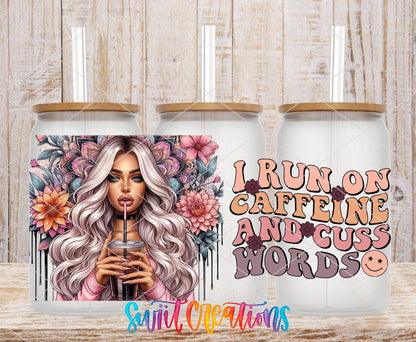 I Run on Caffeine and Cuss Words UV DTF full wrap on three clear glass cans with bamboo lids