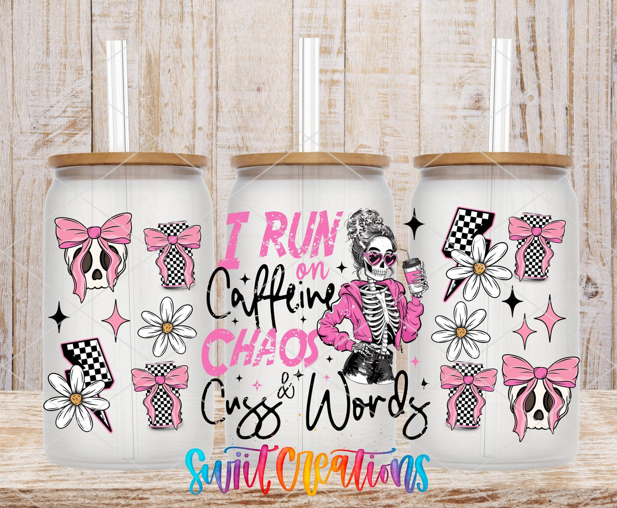 I Run on Caffeine, Chaos, and Cuss Words UV DTF full wrap on three clear glass cans with bamboo lids