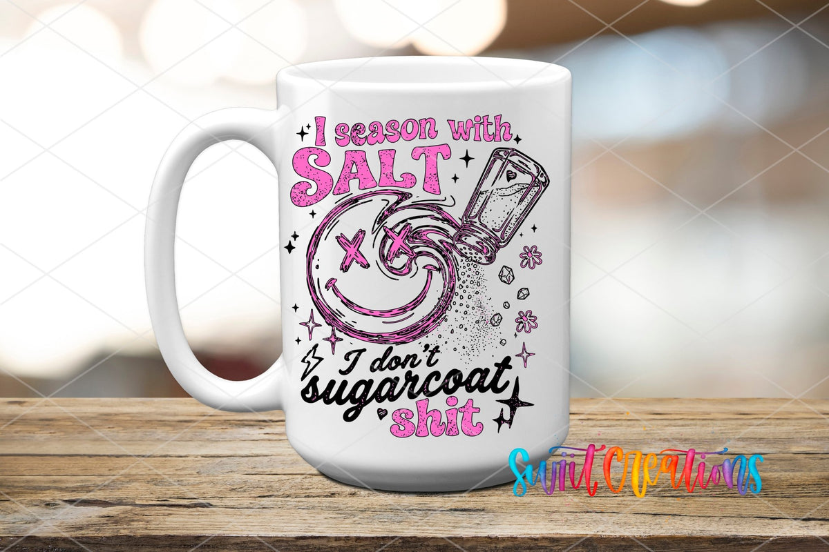 I Season With Salt UV DTF transfer on a white ceramic coffee mug