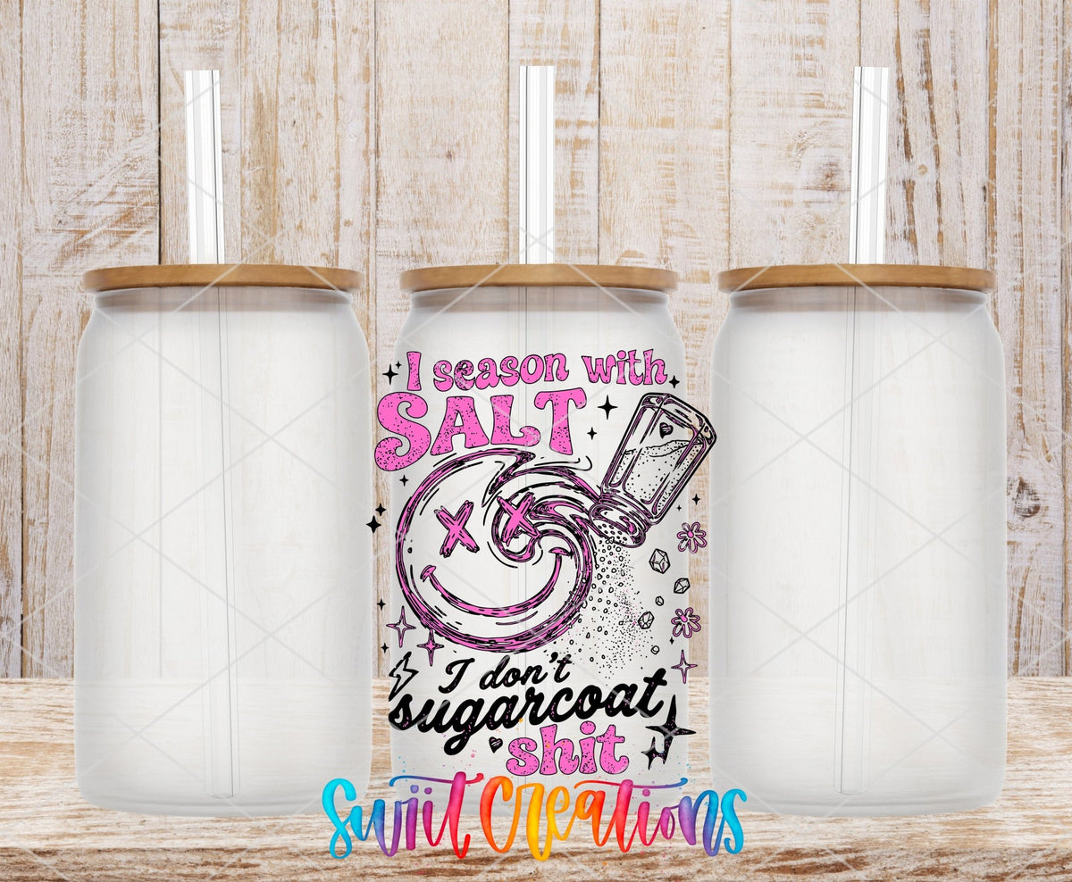 I Season With Salt UV DTF transfer on frosted glass cans with bamboo lids