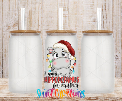 I Want a Hippopotamus for Christmas UV DTF transfer on frosted glass cans with bamboo lids
