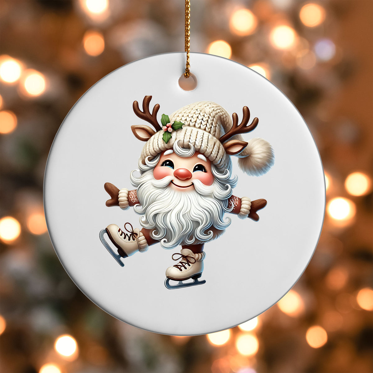 Ice Skating Gnome ornament UV DTF transfer on a round white ornament with a bokeh light background