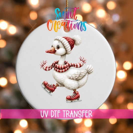 Ice Skating Goose Ornament UV DTF Transfer | White Goose in Red Skates Scarf and Knit Hat | O-2257 - Swiit Creations