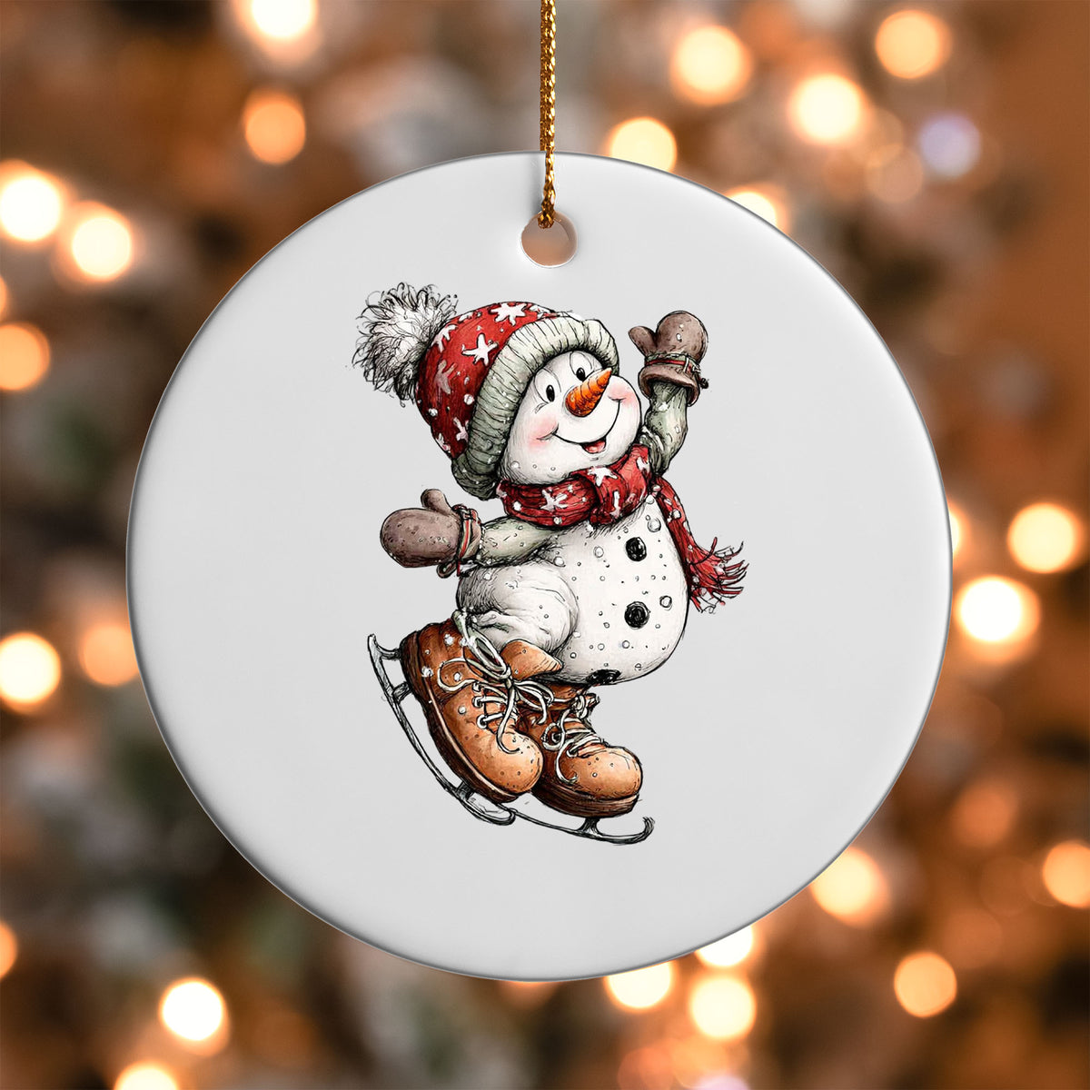 Ice Skating Snowman ornament UV DTF transfer on a round white ornament with a bokeh light background