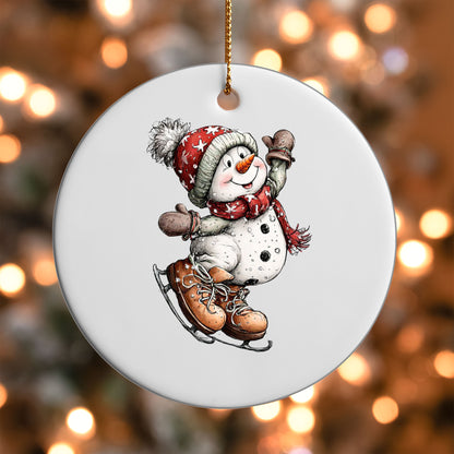 Ice Skating Snowman ornament UV DTF transfer on a round white ornament with a bokeh light background