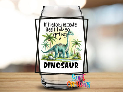 Close-up of the If History Repeats Itself UV DTF transfer on a clear glass can