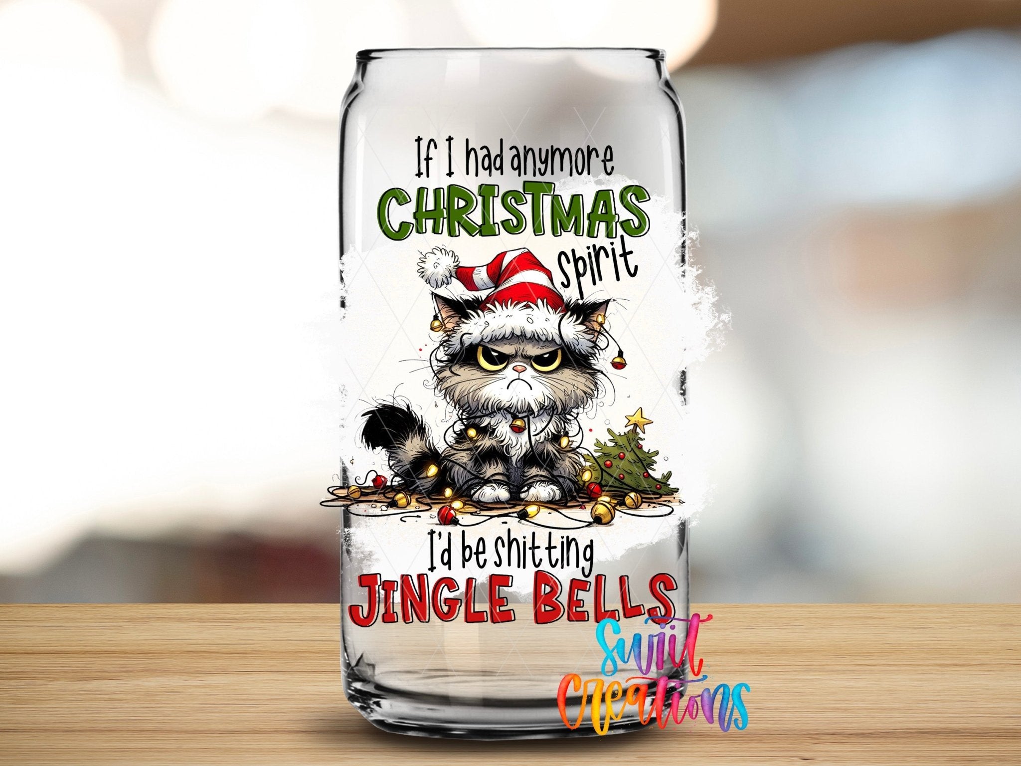 Swiit Creations UV DTF Christmas Spirit Jingle Bells Cat transfer applied to a clear glass can