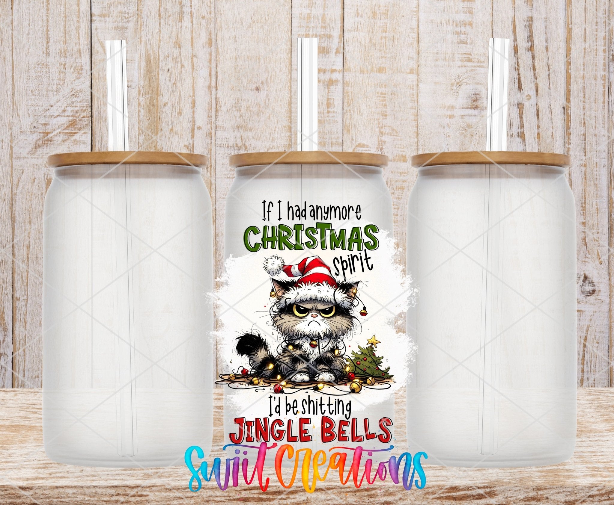 Swiit Creations UV DTF Christmas Spirit Jingle Bells Cat transfer shown on a clear glass can set