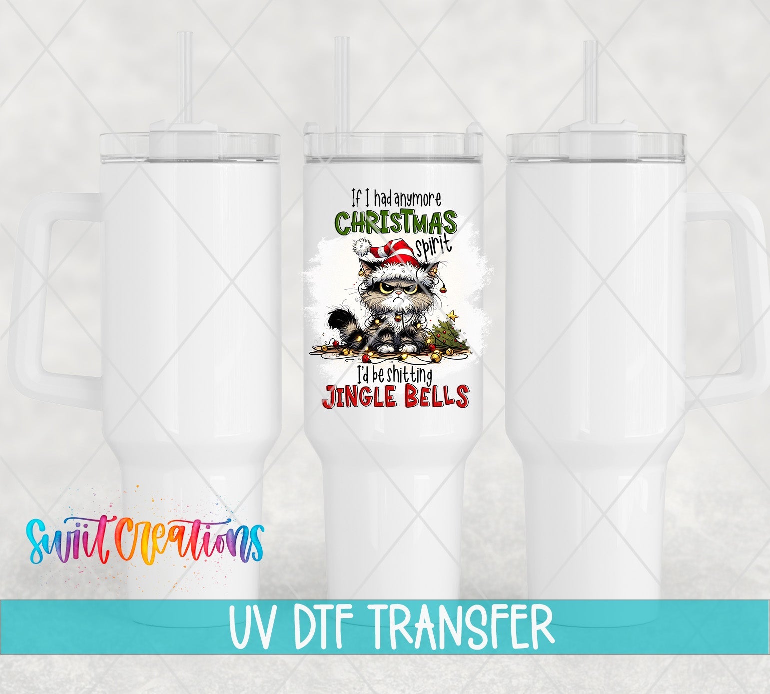 Swiit Creations UV DTF Christmas Spirit Jingle Bells Cat transfer shown on a white tumbler set