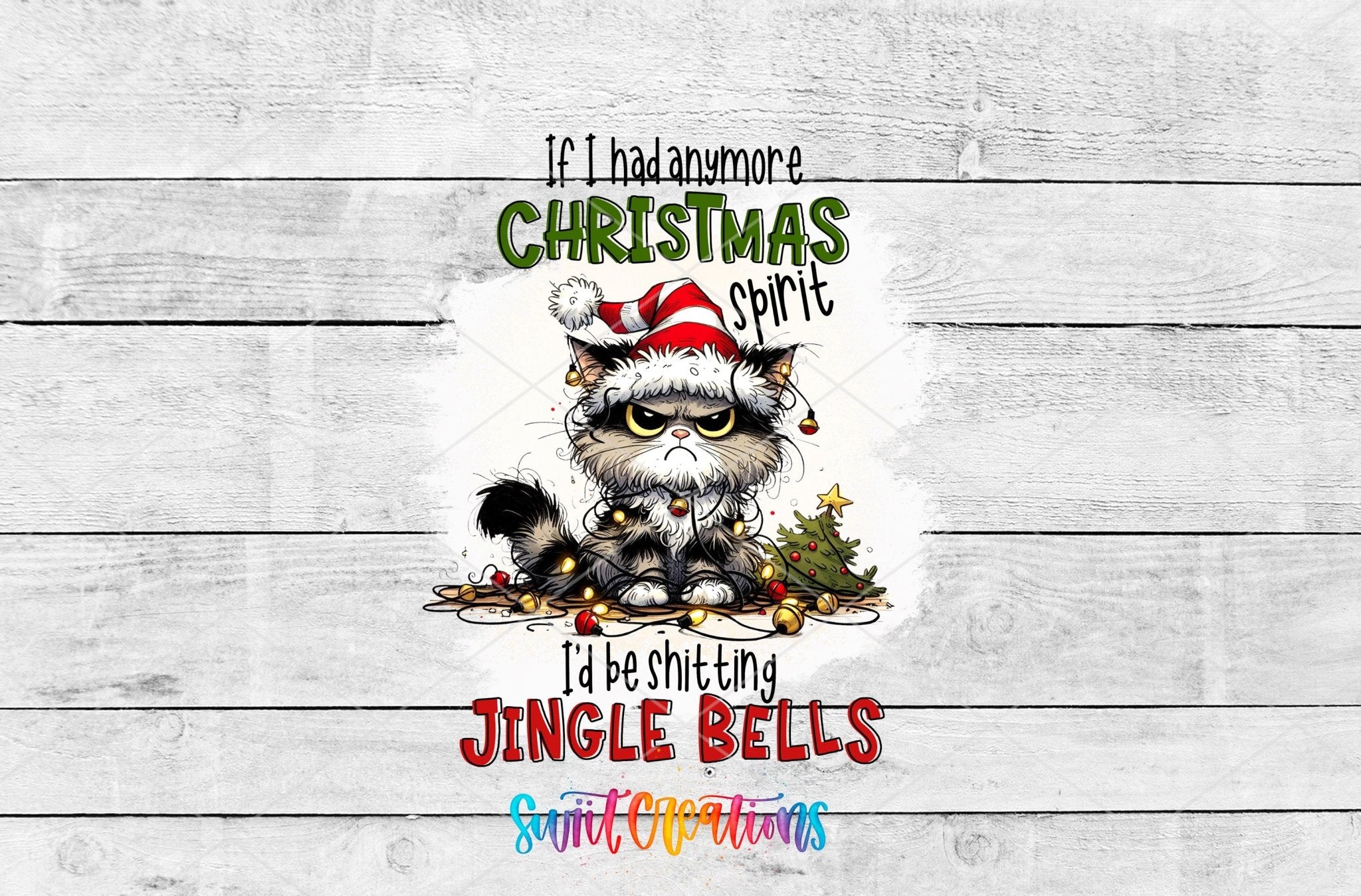 Swiit Creations UV DTF Christmas Spirit Jingle Bells Cat transfer shown as the full artwork preview