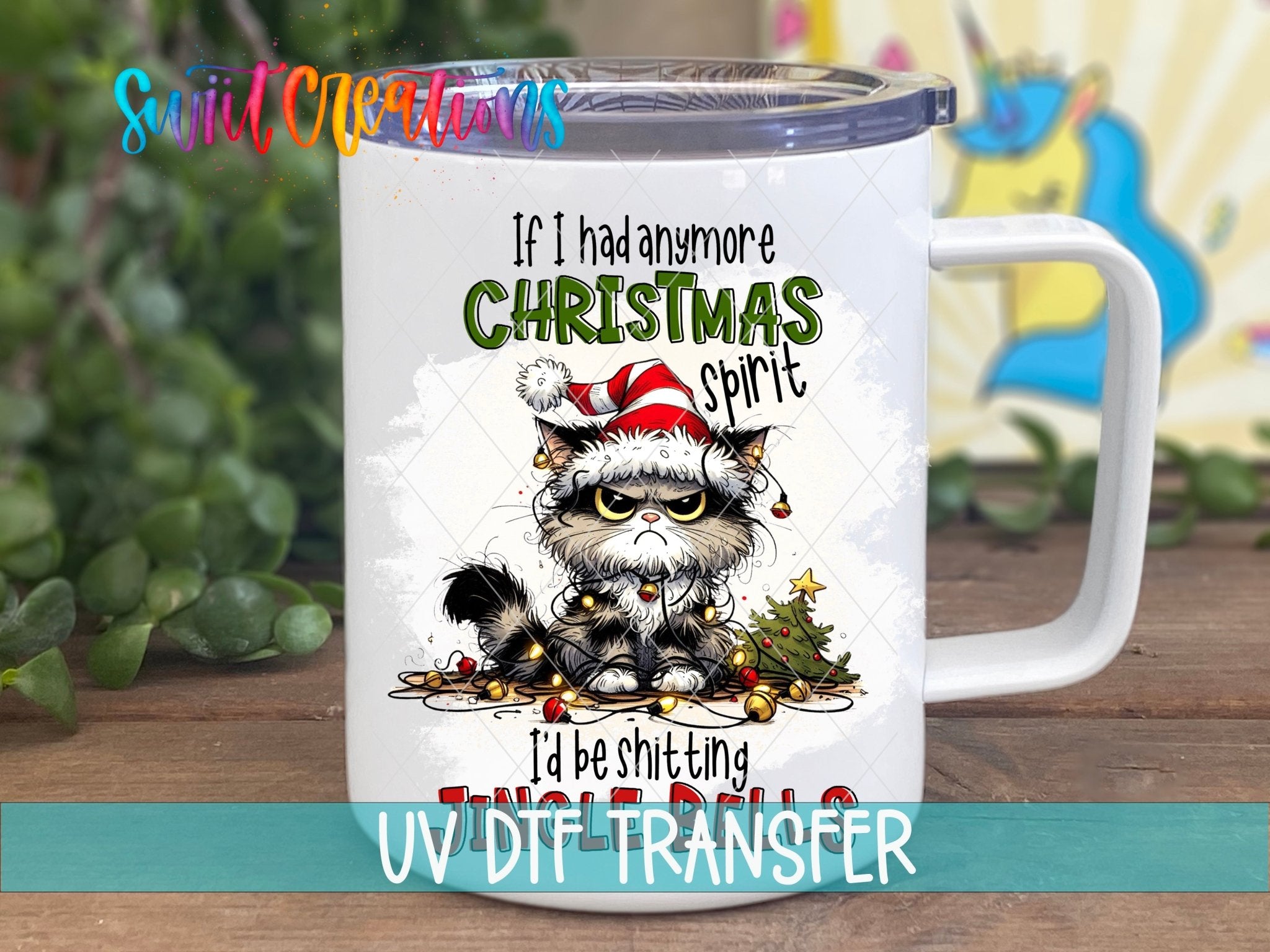 Swiit Creations UV DTF Christmas Spirit Jingle Bells Cat transfer displayed on a white coffee mug