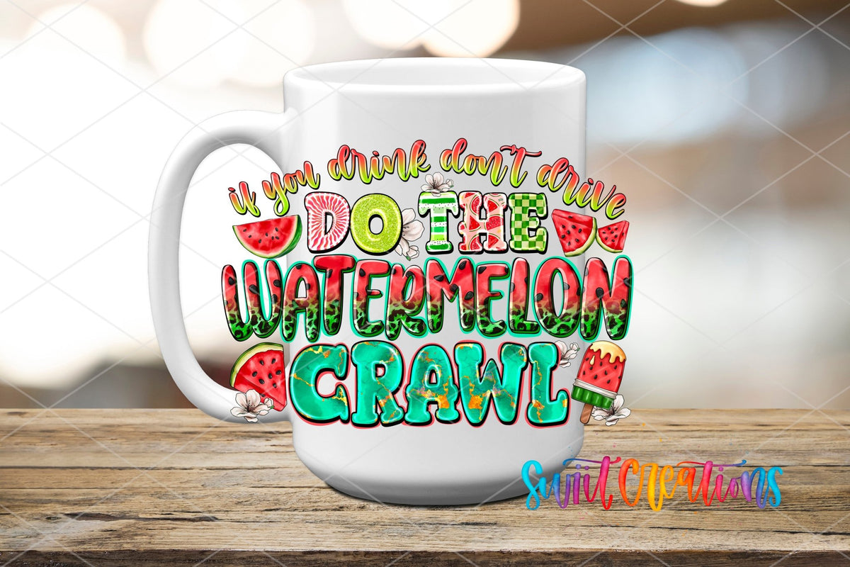 Do the Watermelon Crawl pink and green letters UV DTF transfer on a white ceramic coffee mug