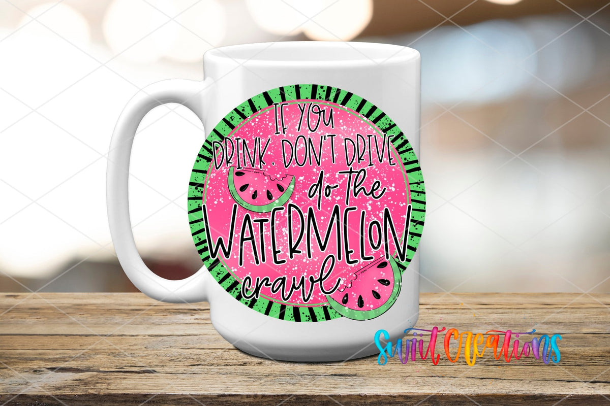 Do the Watermelon Crawl UV DTF transfer on a white ceramic coffee mug