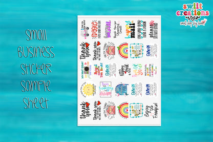 Small business sticker sample sheet with 30 assorted designs on a teal background