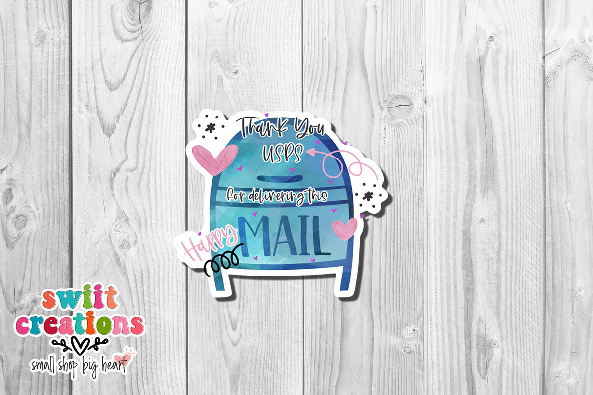 Happy mail mailbox sticker from the sample sheet on white wood