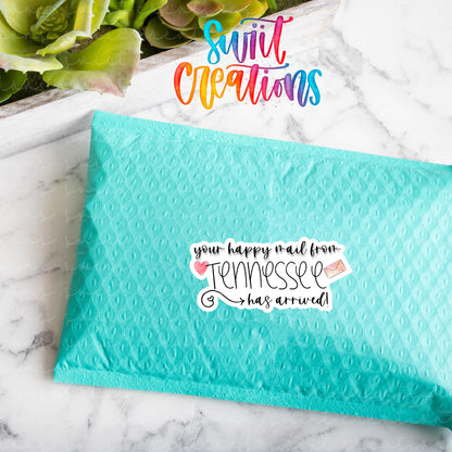 Happy mail from Tennessee sticker sealing a teal poly mailer