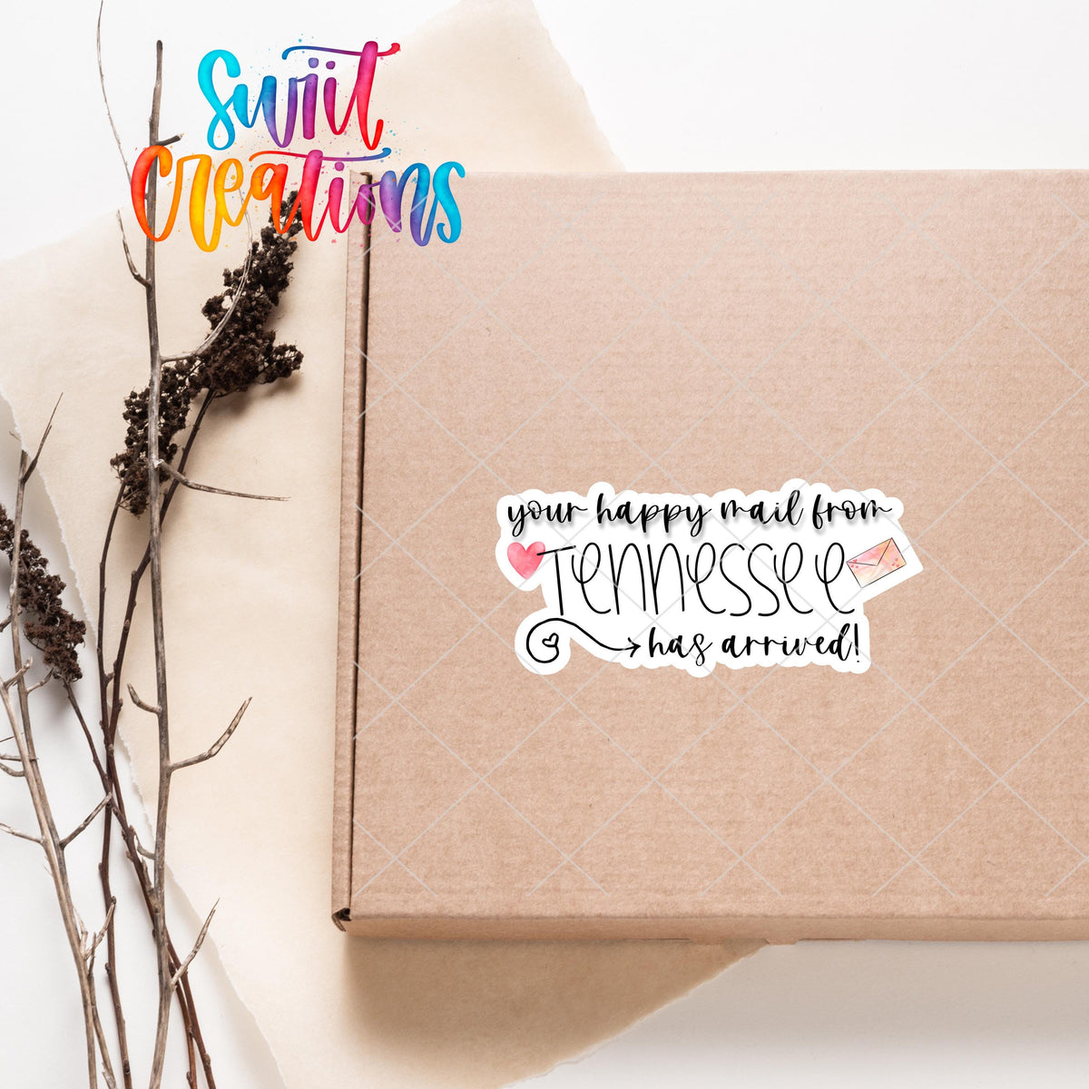 Personalized happy mail from Tennessee sticker on a kraft shipping box