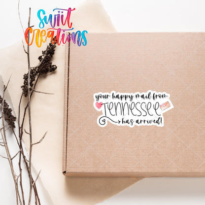 Personalized happy mail from Tennessee sticker on a kraft shipping box