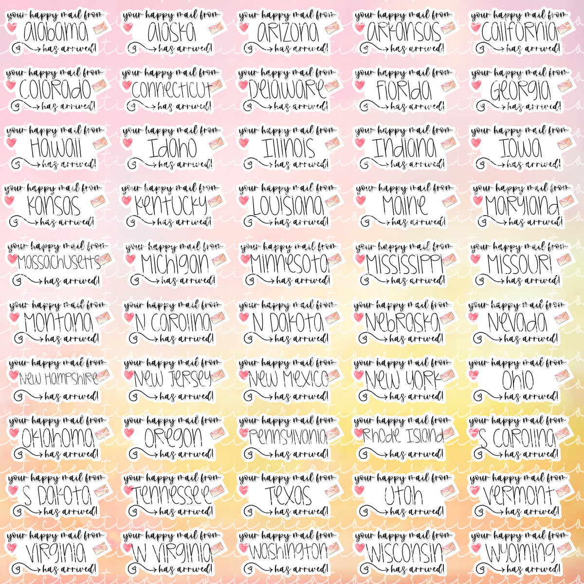 Full sheet of happy mail from state stickers with different state names