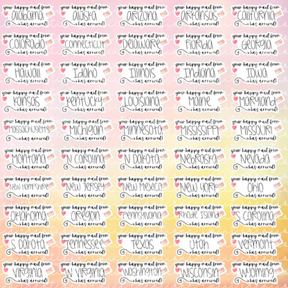 Full sheet of happy mail from state stickers with different state names