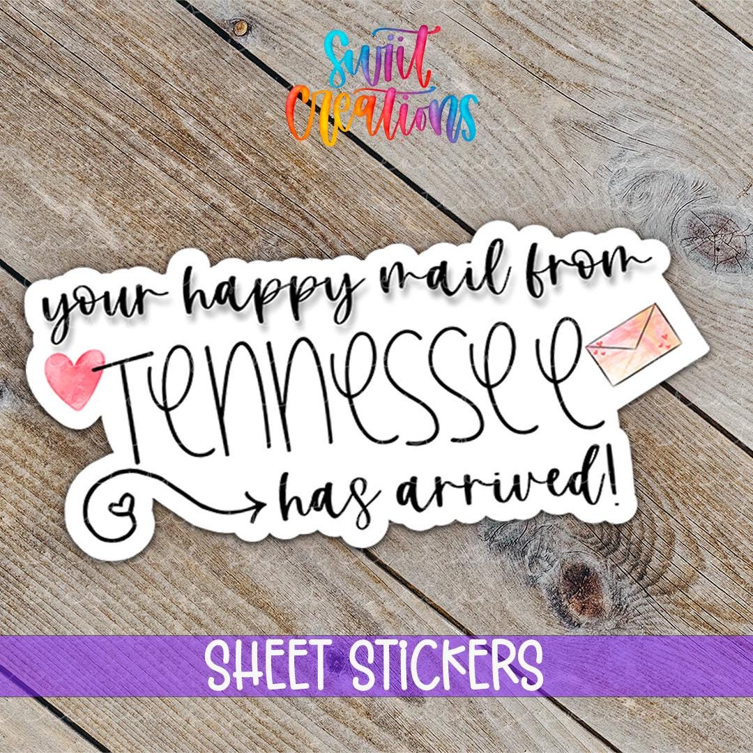 Happy mail from state sticker reading your happy mail from Tennessee has arrived in black script with pink heart and envelope