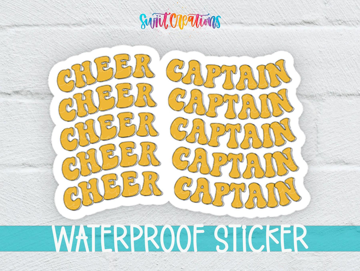 Gold Retro Cheer Captain sticker on a white brick background with a waterproof sticker banner