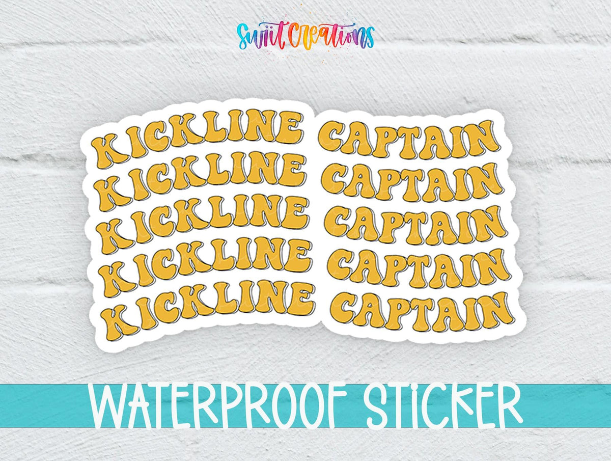 Gold Retro Kickline Captain sticker on a white brick background with a waterproof sticker banner