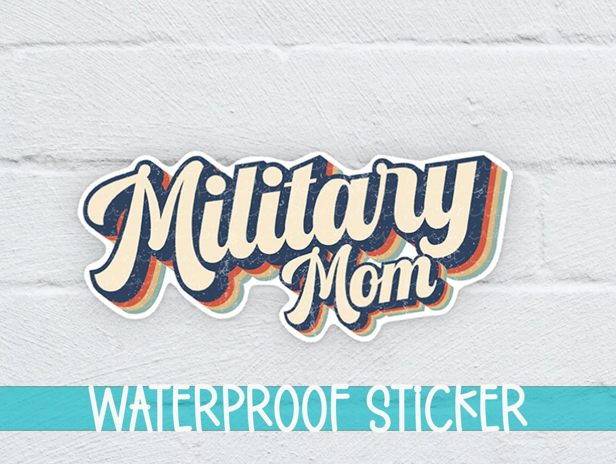 Retro Military Mom sticker on a white brick background with a waterproof sticker banner