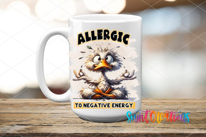 Allergic to Negative Energy UV DTF transfer on a white ceramic coffee mug