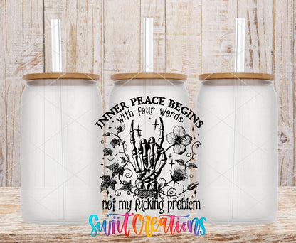Inner Peace Begins With Four Words black skeleton hand UV DTF transfer on frosted glass cans with bamboo lids