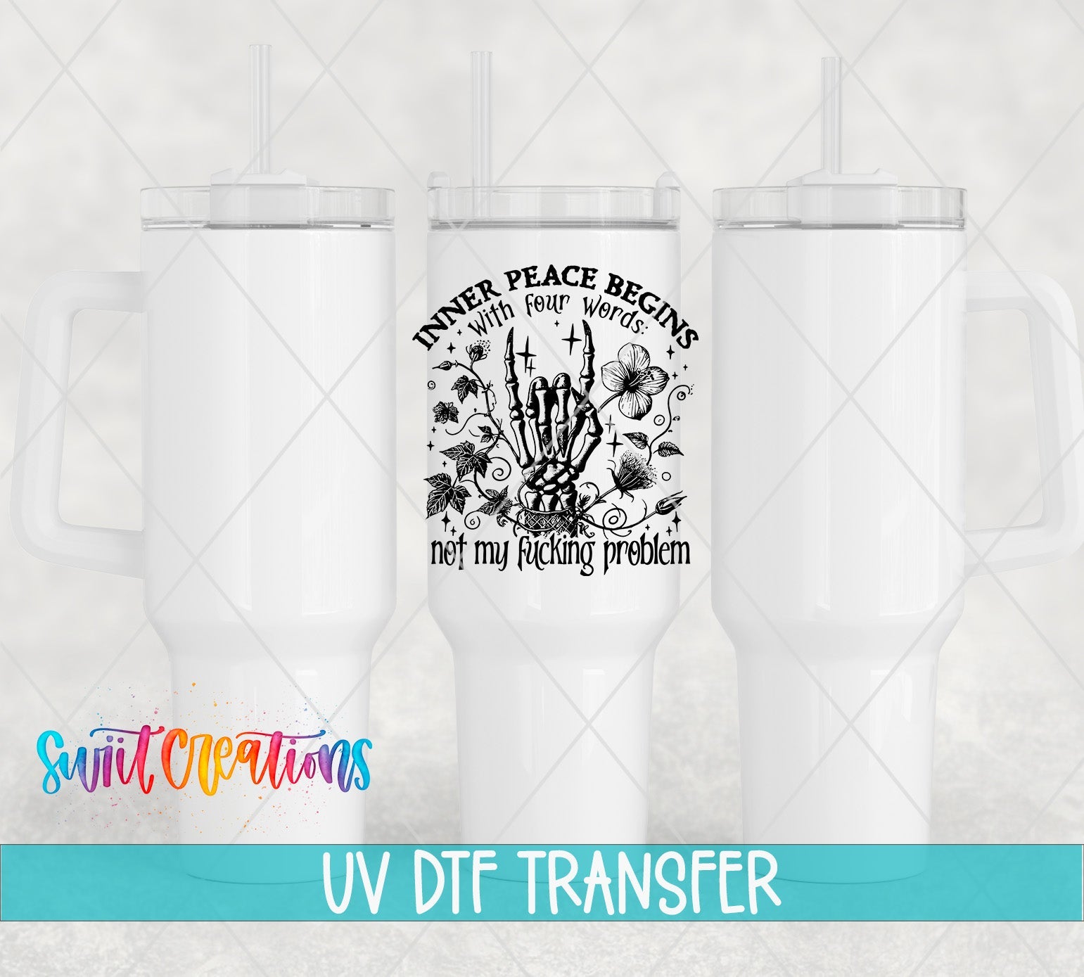Inner Peace Begins With Four Words UV DTF transfer applied to a white tumbler set from Swiit Creations