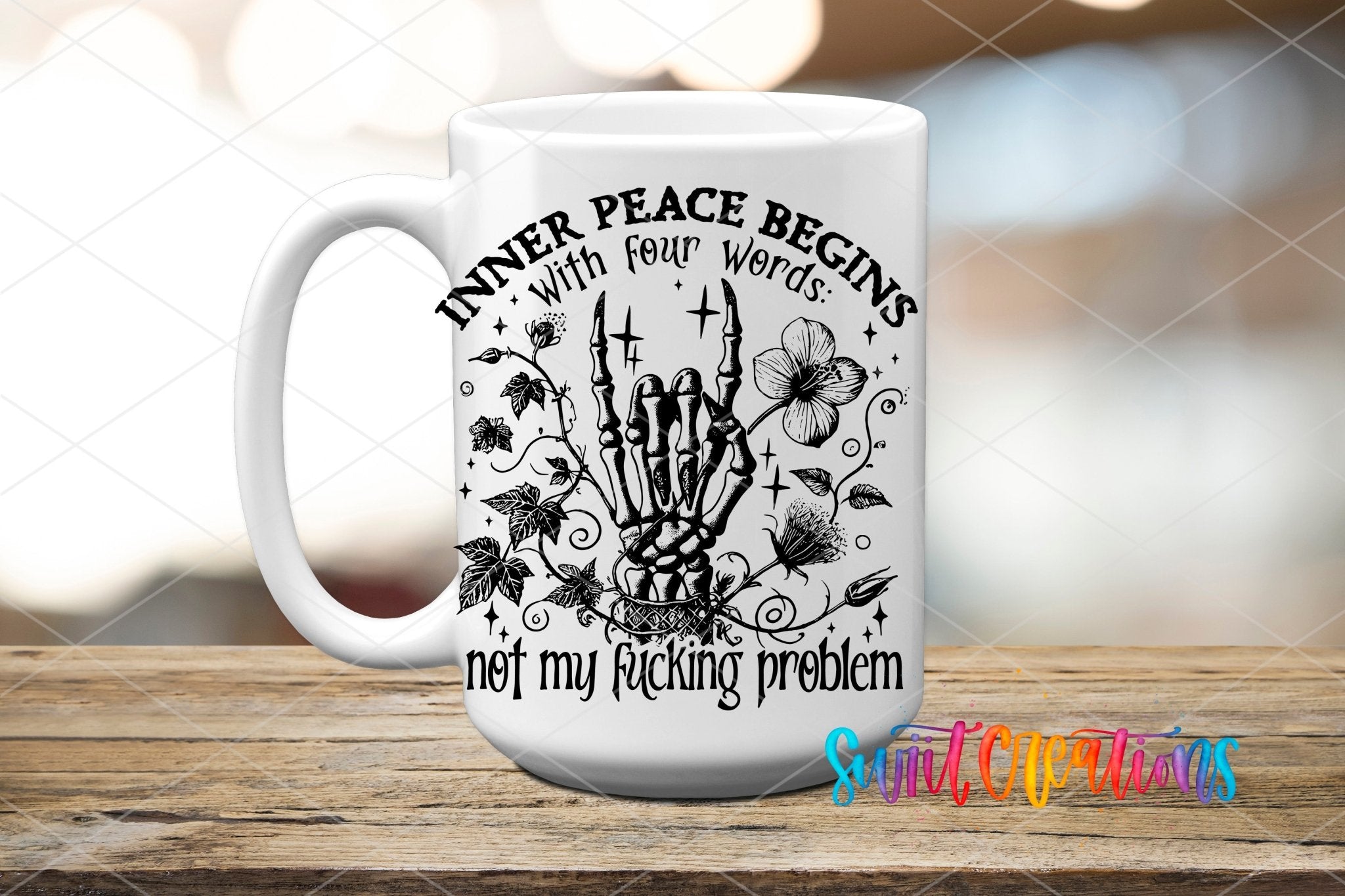Inner Peace Begins With Four Words UV DTF transfer displayed on a white ceramic mug from Swiit Creations