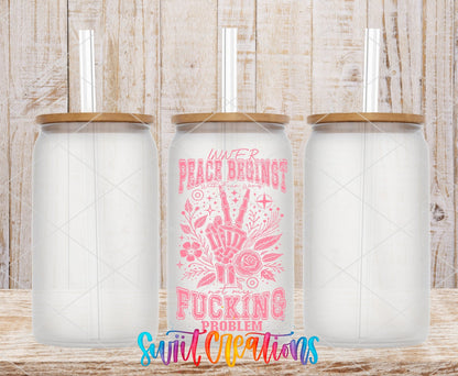 Inner Peace Begins With Four Words pink skeleton hand UV DTF transfer on frosted glass cans with bamboo lids