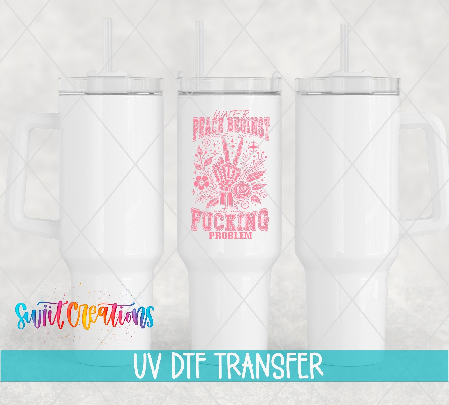 Inner Peace Begins With Four Words UV DTF transfer applied to a white tumbler set from Swiit Creations
