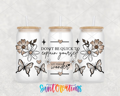 Let Them Wonder UV DTF full wrap on three frosted glass cans
