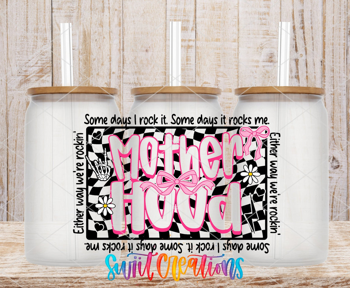 Inspirational Motherhood UV DTF transfer applied to a clear glass can set from Swiit Creations