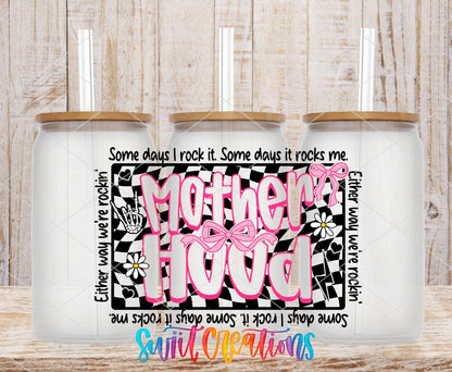 Motherhood UV DTF transfer on frosted glass cans with bamboo lids