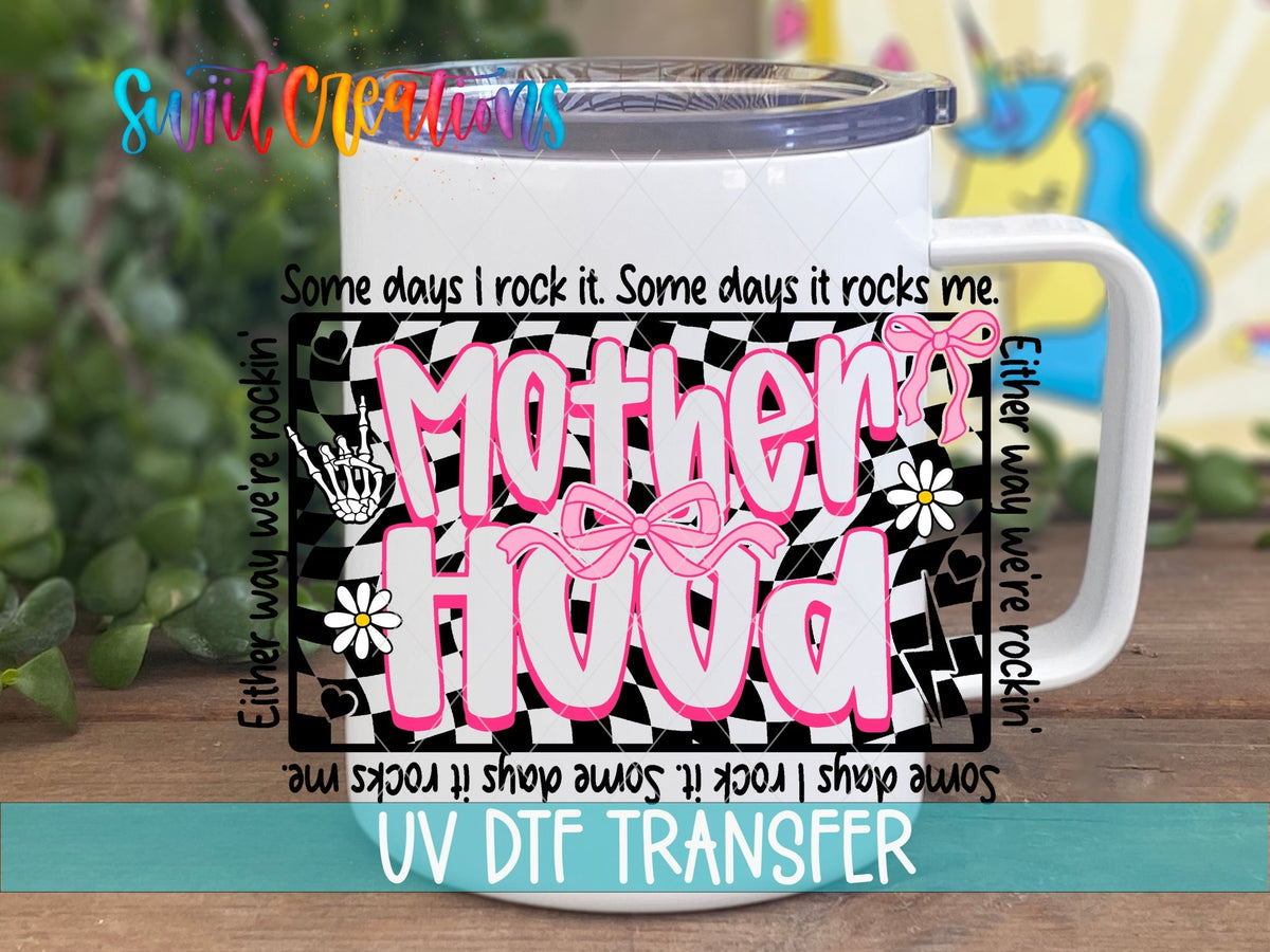 Inspirational Motherhood UV DTF transfer displayed on a white coffee mug from Swiit Creations