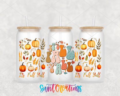It's Fall Y'all UV DTF full wrap on three frosted glass cans