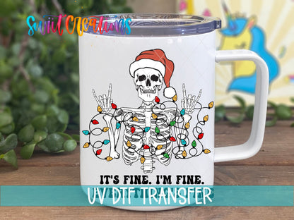 It's Fine I'm Fine Everything's Fine UV DTF transfer on a white stainless steel mug with a lid