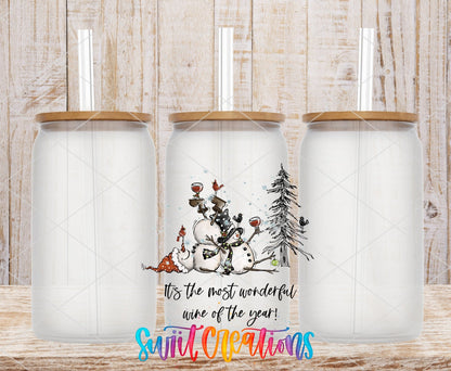 Most Wonderful Wine of the Year UV DTF transfer on frosted glass cans with bamboo lids